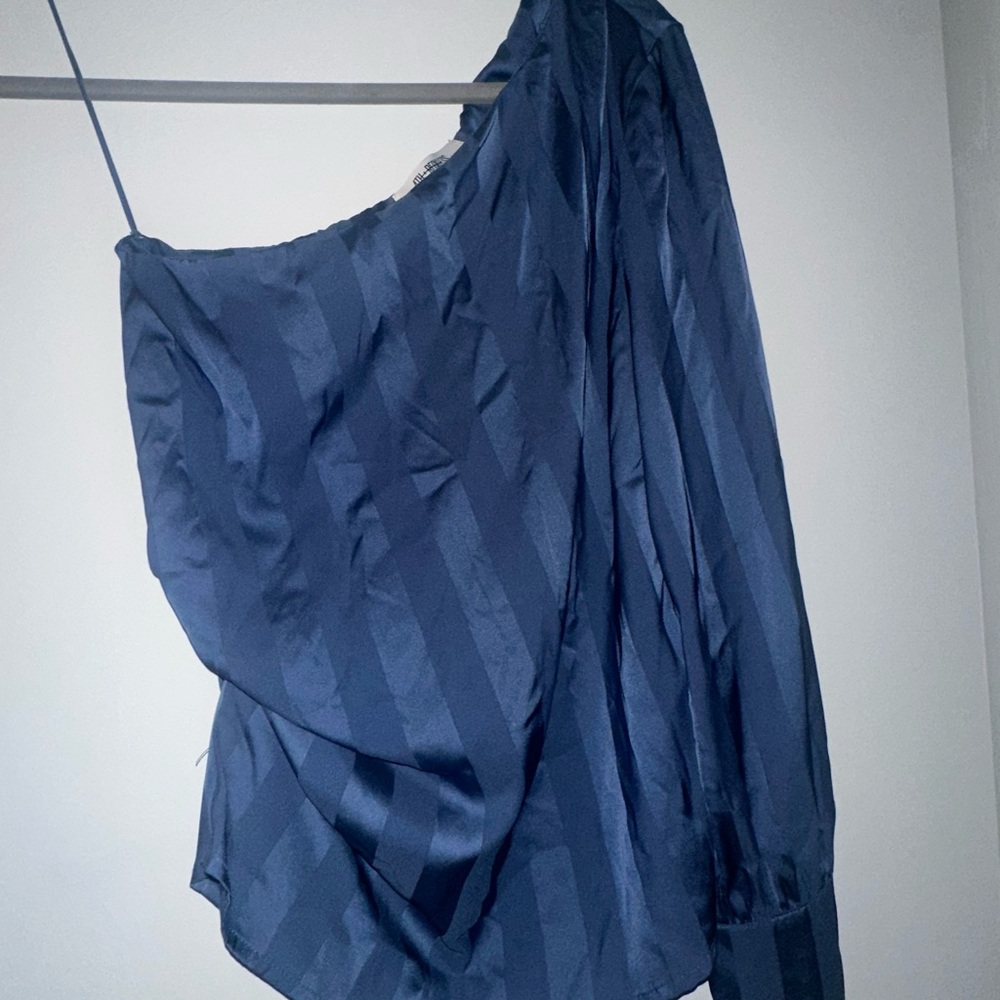 Elegant Navy Blue One-Shoulder Blouse